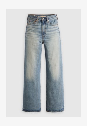 Blaue Denim-Jeans mit weitem Bein, leichter Waschung, hoher Taille, fünf Taschen-Design und Messingbeschlägen. Ausgewaschene Akzente an der Vorder- und Rückseite.