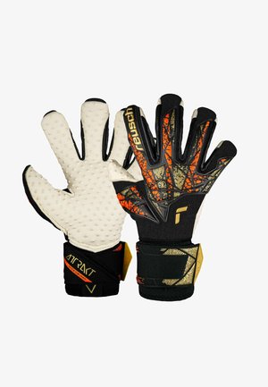 Torwarthandschuhe mit einer weißen, strukturierten Handfläche, einem schwarz-orangen gemusterten Rückhandbereich und verstellbaren schwarzen Handgelenksriemen mit Markenzeichen.