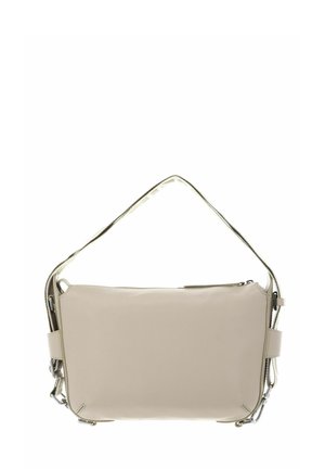 Beige leren rechthoekige schoudertas met ritssluiting en verstelbare riem, minimalistisch ontwerp.