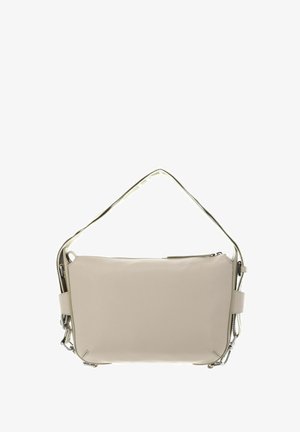 Bolso rectangular de hombro de cuero beige con cierre de cremallera y correa ajustable, diseño minimalista.