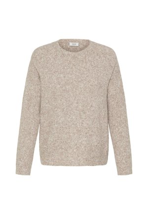 Beige wollen trui met een ronde hals, lange mouwen, een relaxte pasvorm en een zachte, gestructureerde afwerking. Geen zichtbare patronen of metalen delen.