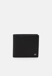 Black leather wallet with a textured pattern, bi-fold design, and silver embossed "AX" logo on the lower right corner.