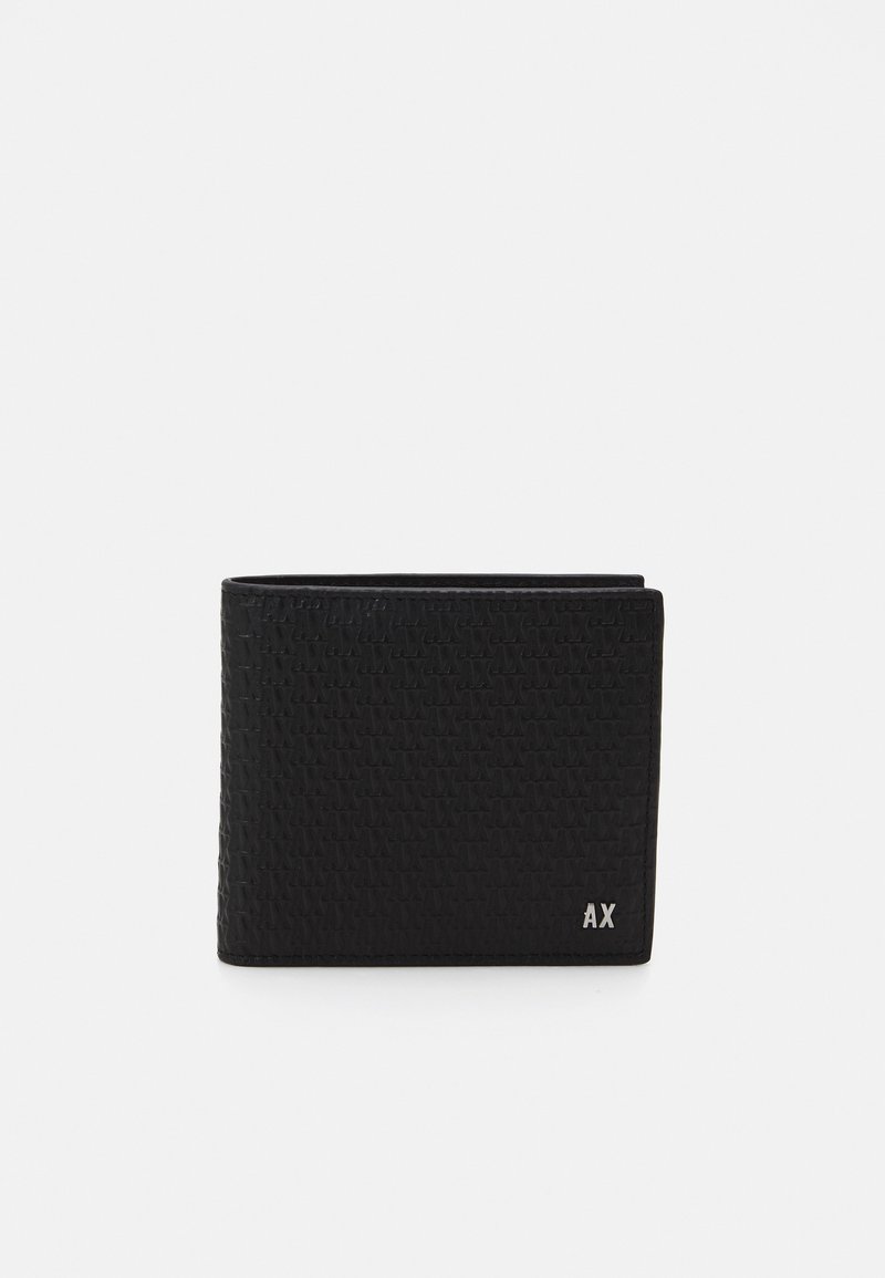 Black leather wallet with a textured pattern, bi-fold design, and silver embossed "AX" logo on the lower right corner.