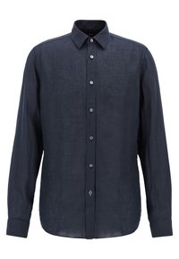 Tmavě námořnická modrá košile s dlouhým rukávem, zapínáním na knoflíky a límcem, s viditelnými knoflíky vpředu a mírně texturovanou tkaninou.