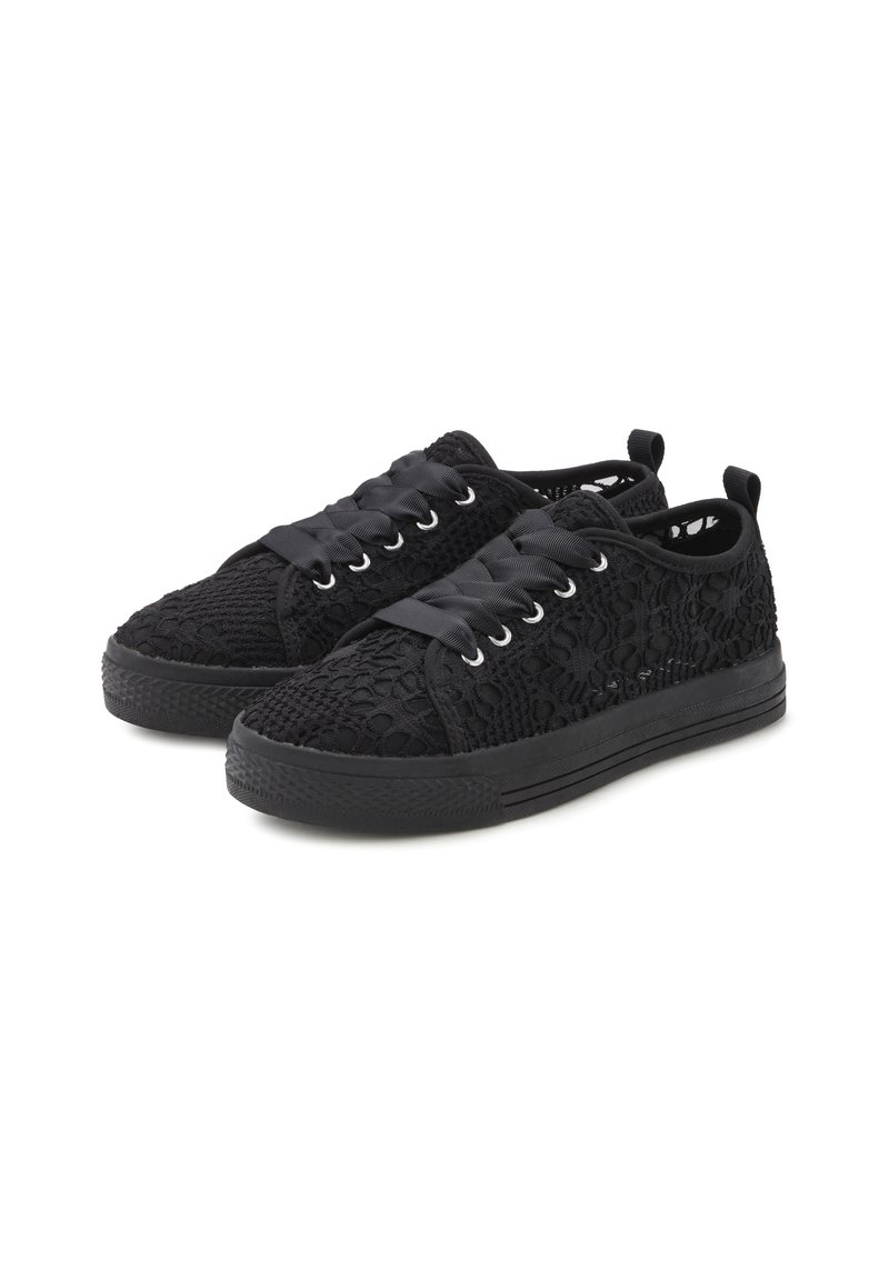Black lace-up sneakers featuring a textured lace overlay, smooth black fabric accents, and a rubber sole with a low profile. Silver eyelets visible.