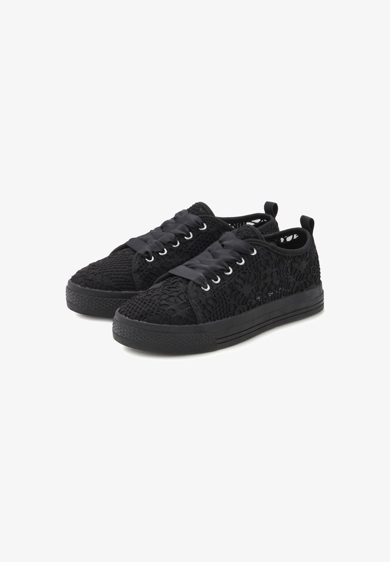 Black lace-up sneakers featuring a textured lace overlay, smooth black fabric accents, and a rubber sole with a low profile. Silver eyelets visible.