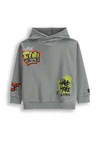 Szary sweatshirt z kapturem, z tekstem w stylu graffiti w zielonym i pomarańczowym kolorze. Długie rękawy i ścięcie w ściągaczu. Gładka tekstura materiału.