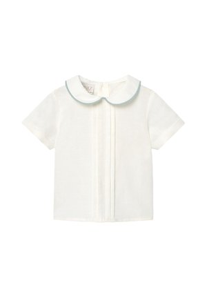 Chemise blanche à manches courtes pour bébé avec un col Claudine bordé de bleu clair et des plis verticaux au centre devant.