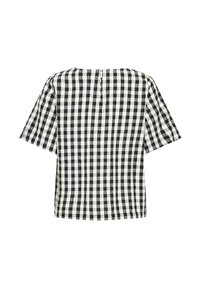 Chemise à manches courtes à carreaux noirs et blancs avec un col rond et une fermeture à boutons dans le dos.