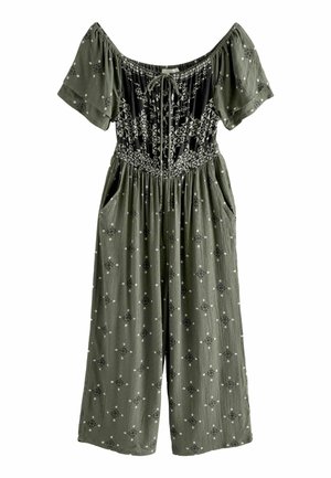 Oliivinvihreä haalari olkapäät paljastavilla lyhyillä hihoilla, kirjailtu vartalo ja taskut; sisältää kuvioituja yksityiskohtia kauttaaltaan.