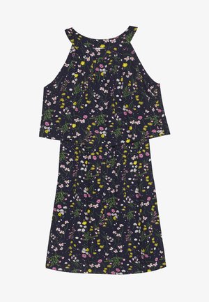 Kleid mit floralem Muster auf marineblauem Hintergrund, im ärmellosen Stil gestaltet. Verfügt über lebendige Blumen in Pink, Gelb und Weiß. Mit plissierten Details.