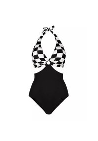 Jednoczęściowy strój kąpielowy z halterem, czarno-białą kratkę na górze, wycięciem w talii i jednolitym czarnym dołem.