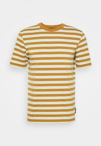 Stribet t-shirt med horisontale striber i sennepsgul og lysecrème. Lavet af bomuld, den har en rund halsudskæring og korte ærmer.