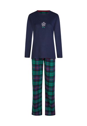 Marineblauw lange mouwen shirt met geborduurde tekst, gecombineerd met groen en marineblauw geruite broek. Katoenen materiaal; losse pasvorm, rechte broekspijpen.
