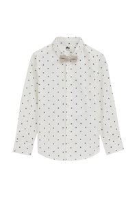 Fehér gombos ing világos bézs csokornyakkendővel. Egész felületen apró fekete geometriai minták díszítik. Hosszú ujjú, mandzsetta részletekkel.