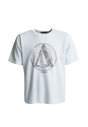 Maglietta bianca in cotone con maniche corte, caratterizzata da un design grafico circolare in nero e rosa con linee concentriche e testo "ALESSANDRO".
