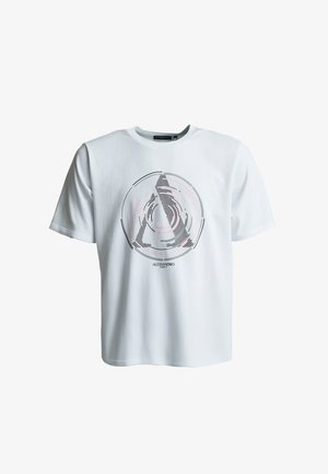 Maglietta bianca in cotone con maniche corte, caratterizzata da un design grafico circolare in nero e rosa con linee concentriche e testo "ALESSANDRO".