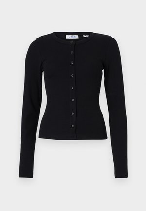 Gilet noir à côtes avec manches longues, un col rond, et un devant à boutons comportant six boutons. Texture lisse, design ajusté.