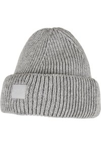 Beanie grigio in maglia con texture a coste, orlo ripiegato e una patch rettangolare con la scritta "Urban Classics."