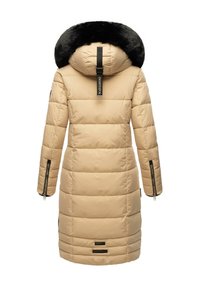 Beige padded parka with a black faux fur hood. Features horizontal stitching, zippered side pockets, and a logo tag on the back.