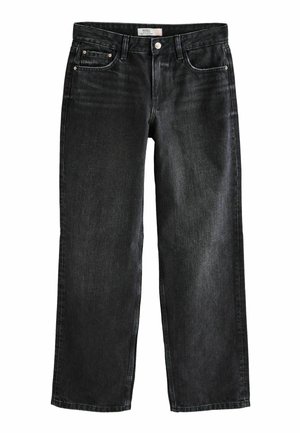 Zwarte, hoog getailleerde, baggy jeans met vijfzakkenontwerp, knoop- en ritssluiting, en subtiele vervaagde details.