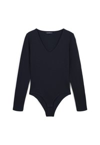 Bodysuit a maniche lunghe di colore blu navy con scollatura a V profonda, design aderente e un tessuto liscio e elastico per comfort e libertà di movimento.
