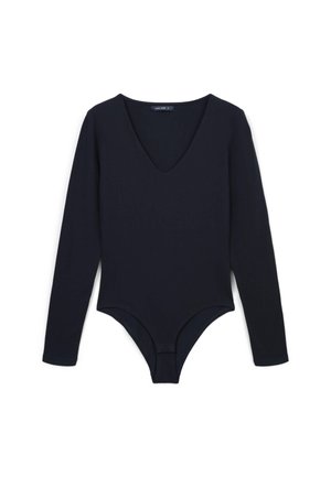 Bodysuit a maniche lunghe di colore blu navy con scollatura a V profonda, design aderente e un tessuto liscio e elastico per comfort e libertà di movimento.