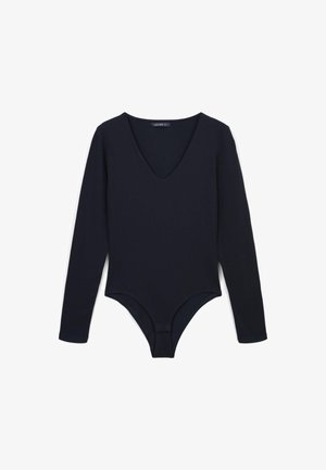 Bodysuit a maniche lunghe di colore blu navy con scollatura a V profonda, design aderente e un tessuto liscio e elastico per comfort e libertà di movimento.