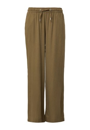 Brown, lightweight fabric pants with an elastic waistband and adjustable drawstring. Features straight leg design and no visible pockets.