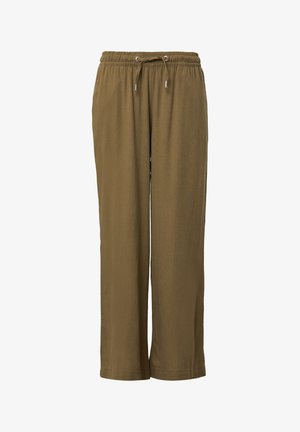 Brown, lightweight fabric pants with an elastic waistband and adjustable drawstring. Features straight leg design and no visible pockets.