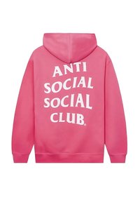 Różowa bluza z kapturem z dużym białym napisem "ANTI SOCIAL SOCIAL CLUB" nadrukowanym na plecach, charakteryzująca się klasycznym stylem zakupu i kapturem.