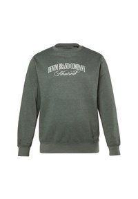 Felpa grigia con collo a giro in tessuto morbido. Presenta la scritta bianca "DENIM BRAND COMPANY Montreal" sul petto. Polsini e orlo a costine.