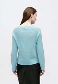 Ženska z dolgimi rjavimi lasmi, oblečena v svetlo modri pulover in črno krilo, prikazana od zadaj na belem ozadju.