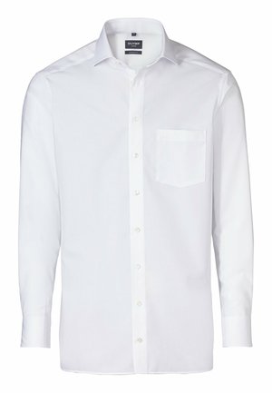 Weißes Langarmhemd aus glattem Stoff, mit einer Knopfleiste vorne, strukturiertem Kragen und einer einzelnem Tasche auf der linken Brust.