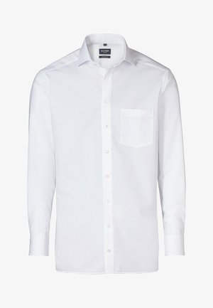 Camicia bianca a maniche lunghe realizzata in tessuto morbido, con chiusura a bottoni sul fronte, colletto strutturato e una tasca singola sul lato sinistro del petto.