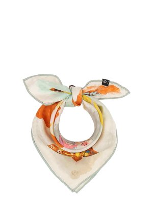 Square silk scarf with a pastel floral pattern in orange, yellow, and green tied in a loose knot with pointed ends.