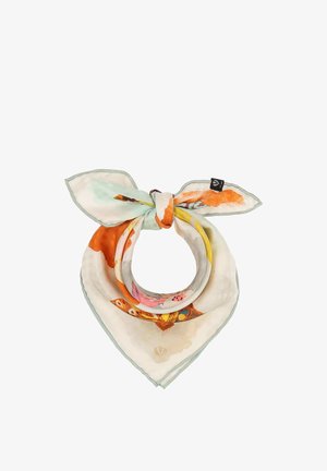 Square silk scarf with a pastel floral pattern in orange, yellow, and green tied in a loose knot with pointed ends.