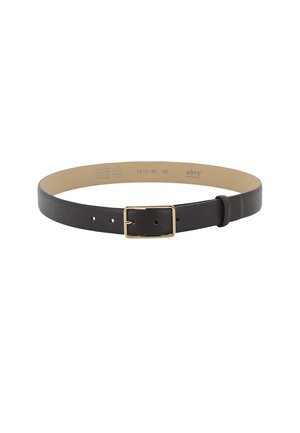 Black leather belt with gold rectangular buckle and multiple adjustment holes on a white background.