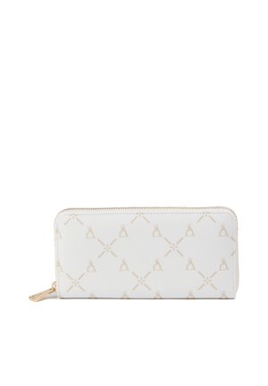 Portafoglio bianco con cerniera con motivi geometrici e a campana beige ripetuti e cursore della cerniera dorato su sfondo bianco.