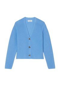 Ljusblå stickad cardigan med V-ringning, långärmad, fyra mörka knappar framtill och en kort design. Texturerad tyg.