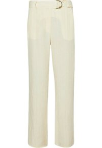 Pantaloni beige chiaro con una vestibilità a gamba larga, tessuto dalla texture liscia, vita con cintura e fibbia circolare in argento, e tasche laterali.