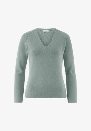 Hellgrau-grüner, gestrickter Pullover mit langen Ärmeln und V-Ausschnitt, mit einem gerippten Muster am Kragen und an den Bündchen.