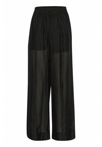 Pantalons larges transparents noirs avec une taille élastique et un cordon de serrage ajustable. Tissu léger, texture lisse, avec un design fluide.