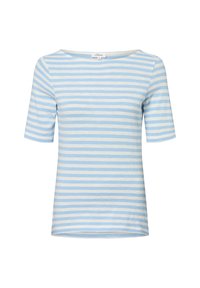 Haut à manches courtes rayé en bleu clair et blanc, fabriqué en tissu doux avec un large col rond et une coupe décontractée.
