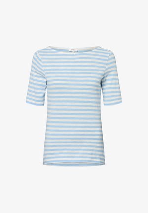 Gestreept T-shirt met korte mouwen in lichtblauw en wit, gemaakt van zachte stof met een brede ronde halslijn en een relaxte pasvorm.