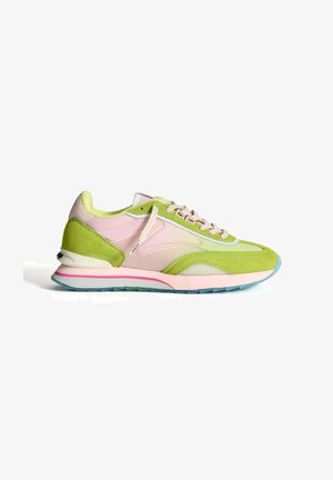 Sneaker featuring green suede and pink mesh panels, with a textured surface, light pink sole, and blue accents on the outsole.
