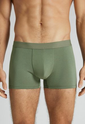 Mandlig overkrop iført olivengrønne tætsiddende boxer briefs, stående med armene afslappet ned langs siderne mod en grå baggrund.