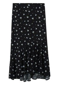 Gonna nera floreale con fiori blu e bianchi, orlo a campana e design a balze sovrapposte, realizzata in tessuto leggero.