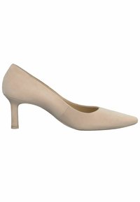 Beige högklackad pumpsko med spetsig tå, slätt mockaliknande material och en tunn klack. Enkel design utan ytterligare utsmyckningar.