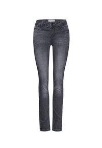 Tajta jeans i mörkgrå denim, med medelhög midja, femficksdesign och en ren tvätt med subtil blekning.